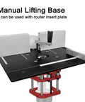Rock Solid Aluminum Router Table Base With A Snug 51mm Manual Lift And Rust Proof Steel Supports Sized For 64 To 66mm Trimmers, close-up view.