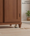 Adjustable Cabinet Foot For Leveling Wardrobes And Cabinets On Uneven Floors under a wooden cabinet in a living room.