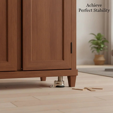 Adjustable Cabinet Foot For Leveling Wardrobes And Cabinets On Uneven Floors under a wooden cabinet in a living room.