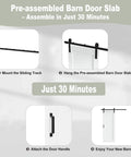 Infographic showing 28 Inch By 80 Inch Preassembled Solid Core MDF Sliding Barn Door Kit With 72 Inch Track And Black Hardware installation steps.