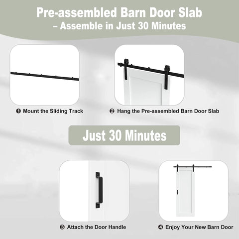 Infographic showing 28 Inch By 80 Inch Preassembled Solid Core MDF Sliding Barn Door Kit With 72 Inch Track And Black Hardware installation steps.