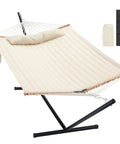 Heavy Duty Two Person Hammock With Portable Steel Stand For Outdoor Patio Easy Setup Double Layer Quilted Polyester Fabric With Laidback Detachable Pillow 480 Pound Capacity Off White