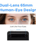 Viewer Integrated 3D VR Camera With 24MP Photos And 8K Stills, 4K60 Video, Stereoscopic 3D Instant Display shown with 65mm lens design