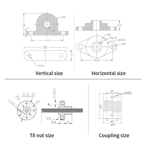 Super Cool T8 Lead Screw Vertical And Horizontal Kit With 2mm Pitch Plus 8mm Thick Rod And Bearing Coupler Set For Fast Cnc Projects, size diagram