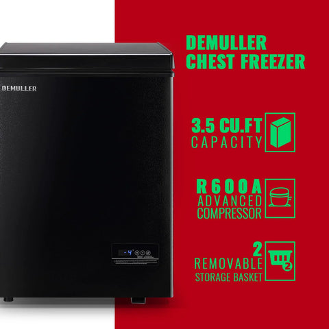 Demuller black 3.5 cu ft deep freezer chest with front digital display and removable storage basket