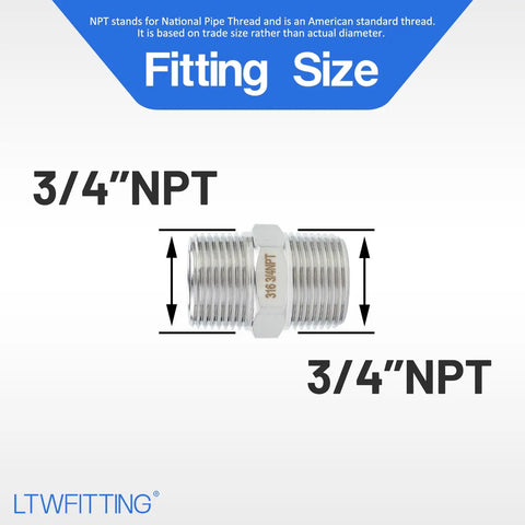 3/4 Inch NPT Stainless Steel 316 Hex Nipple showing thread details for One Hundred Pack Stainless Steel 316 Hex Nipple Pipe Fittings 3/4 Inch Male NPT Thread Heavy Duty Bulk Run Rock Solid Workhorse Hardware For Water Fuel Air Gas Lines No Fuss Hook Up Guaranteed.