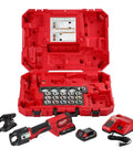 M18 Force Logic Cordless Lithium Battery Hydraulic Wire Crimper Kit With 600 Mcm Copper And 750 Mcm Expanded Jaw in red case with accessories.