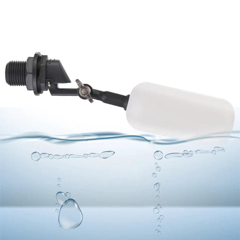 Auto Water Level Float Valve 1/2 Inch NPT Thread For Ponds Fountains And Livestock Troughs Adjustable Arm Plastic Float Ball Valve Set It And Forget It No Power Needed Water Filler And Level Controller, side view in water