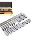 22 Piece HSS Keyway Broach Set For Lathe Industrial Broaching Tools Metric Sizes B4mm B5mm C6mm C8mm in wooden box and parts displayed