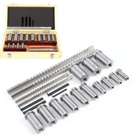 22 Piece HSS Keyway Broach Set For Lathe Industrial Broaching Tools Metric Sizes B4mm B5mm C6mm C8mm in wooden box and parts displayed