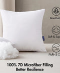 White pillow with 100% 7D microfiber filling, labeled breathable, soft support; fluffy and cozy beside polyester filling material.