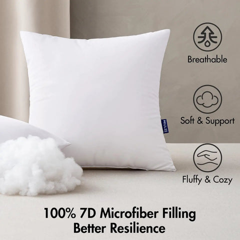 White pillow with 100% 7D microfiber filling, breathable, soft, and supportive. Text: 'Breathable', 'Soft & Support', 'Fluffy & Cozy'.