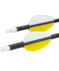 Close-up of Wrath Archery Arrows 30 Inch Length 340 Spine Carbon Arrows with yellow and white vanes, pack of 6 for hunting and target practice