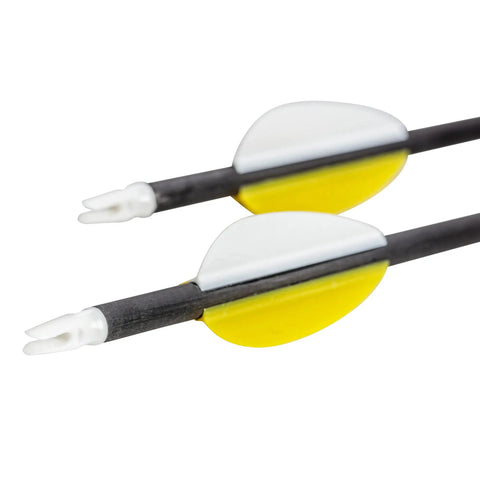 Close-up of Wrath Archery Arrows 30 Inch Length 340 Spine Carbon Arrows with yellow and white vanes, pack of 6 for hunting and target practice