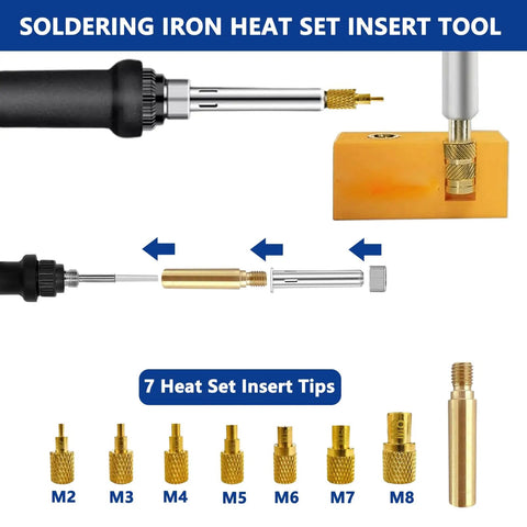 Heavy Duty Soldering Iron Kit With Heat Set Insert Tool shown with insert tips and a block for electronics projects.