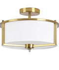 Gold Drum Ceiling Light With White Fabric Shade Semi Flush Mount 13 Inch Dope Modern Fixture Brass Finished Steel Frame