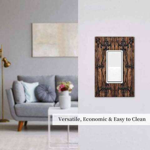 Decorative Outlet Covers 1 Gang Rocker Wall Plate With Vintage Brown Wood Barn Door Look And Antique Bronze Hardware for a farmhouse setting
