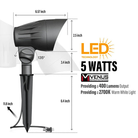 4 Pack Low Voltage Outdoor Landscape Flood Lights 5W LED Kit, side view with dimensions showing 400 Lumen Black Waterproof Spotlights
