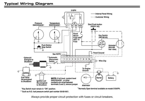 Wiring diagram for 12V Swichgage Shutdown Panel Kit For Industrial Engines With Universal Fit Enclosed Four Sided Instrument Panel