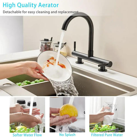 ZBSAVFM Mixer Tap Faucet with 360° Swivel Spout, 180mm Centers, 2 Lever Controls, Deck Mounted, Brass Construction, Chrome Finish, Standard Fittings in use with a plate under water flow.