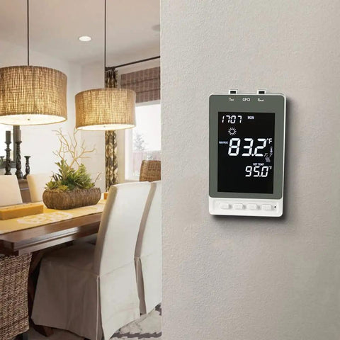 Programmable Thermostat For Electric Floor Heating With Alarm And Built In GFCI, Large Backlit LCD Display in dining room setting