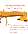Heavy-Duty Forklift Jib Boom Crane with extendable 7 to 12 ft telescopic boom and support leg, designed for lifting and towing.