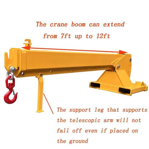 Heavy-Duty Forklift Jib Boom Crane with extendable 7 to 12 ft telescopic boom and support leg, designed for lifting and towing.