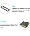 Graphic showing 4 Pack Round Pin DIP IC Socket Adapter 48P Two Point Five Four Millimeter Pitch For PCB Boards Black Plastic Metal Construction with chip insertion and removal tips.
