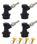 Ball Lock Quick Disconnect Set for Homebrew Beer Gear, One Quarter Inch MFL With Three Sixteenth Inch Swivel Nut Hose Clamps, Four Pack, Includes Liquid Keg Couplers and Stainless Steel Clamps for Cornelius Kegs and Common Homebrew Tanks. Four black ball lock liquid disconnects with stainless steel barb fittings and yellow hose clamps.