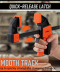 Close-up of a hand holding a quick-release clamp from 8 Pack Woodworking Bar Clamps Set Including 4 6 Inch Clamps, 2 12 Inch Clamps And 2 6 Inch Spring Clamps, 150 Lb Load Capacity, Heavy Duty Quick Clamp Kit For Woodworking And Furniture Making, Diy Projects, showing smooth track feature.