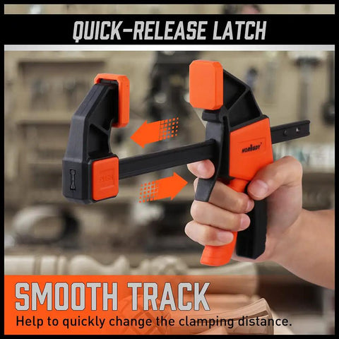 Close-up of a hand holding a quick-release clamp from 8 Pack Woodworking Bar Clamps Set Including 4 6 Inch Clamps, 2 12 Inch Clamps And 2 6 Inch Spring Clamps, 150 Lb Load Capacity, Heavy Duty Quick Clamp Kit For Woodworking And Furniture Making, Diy Projects, showing smooth track feature.