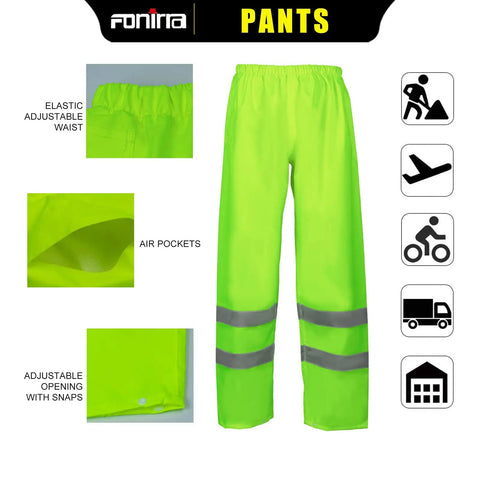 Hi Vis Rain Suit For Men Waterproof Yellow Reflective Class 3 rain pants with heavy duty zippers, reinforced seams, details shown