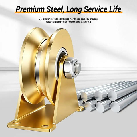 Built Different Four Pack V Groove Wheel Pulley Block forged from tough carbon steel with gold finish, designed for heavy lifting.