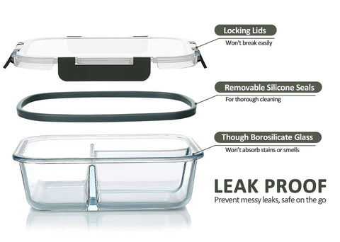 Premium Borosilicate Glass Meal Prep Containers 5 Pack With 3 Compartments and Lids Microwave Oven Freezer Dishwasher Safe Leak Proof