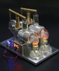 Top-Tier Stirling Engine Generator Model Set 3 Twin-Cylinder Brass And Aluminum Alloy Desktop Physics Demo Kit showing flames and glass parts.