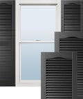 Lifetime Vinyl Open Louver Shutters With Cathedral Top Center Mullion, Includes Shutter Lok Hardware For Easy Install And Matching Screws Per Pair, 14 And A Half Inch Wide By 36 Inch High, Black displayed in front of a window.