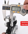 Close-up of Professional Workhorse Two Jaw Adjustable Gear Puller And Bearing Removal Tool being measured with caliper.