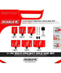 Bi Metal Hole Saw Set With Variable Tooth Design Fits Snap Lock Plus Mandrel System Includes Six Hole Saw Cups One Mandrel Two Pilot Bits And Two Adaptor Nuts Deep Cut Capacity Two And Three Eighths Inch Heavy Duty Fast Drilling in red case