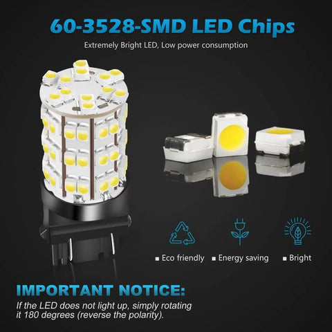 3157 3156 4114 DRL LED Bulbs Pack Of 2, 60-LED 3528-SMD Xenon White 6000K with two LED chips and bulb base, eco-friendly design