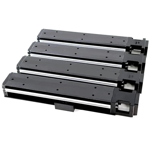 Compact High-Precision Linear Motion Guide Rail Actuator System Module With Custom Stroke For Small Footprint Projects, Rock-Solid Performance For CNC, Robotics, And Auto-Assembly. four black metal actuator rails