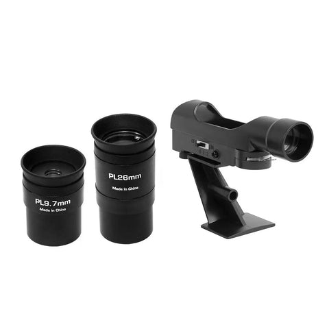 Components of 114mm Aperture Telescope With Slow Motion AZ Mount In Flat Black Finish Aurora Ii Reflector, including eyepieces