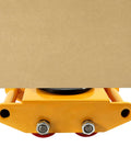 Heavy Duty Machinery Mover Skate Dolly With Four Smooth Rolling Wheels, yellow base with red wheels supports a box.