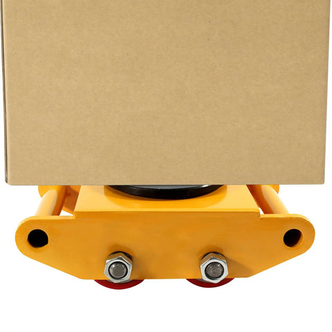 Heavy Duty Machinery Mover Skate Dolly With Four Smooth Rolling Wheels, yellow base with red wheels supports a box.