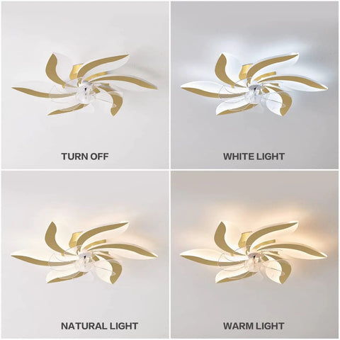 Cool Ceiling Fan With Lights LED Flower Shape Flush Mount Low Profile Lamp Remote Control 3 Color Dimmable 6 Speeds 27 Inch Smart Timing Modern Bedroom Ceiling Light Fan showing different lighting options: off, white, natural, and warm light settings.