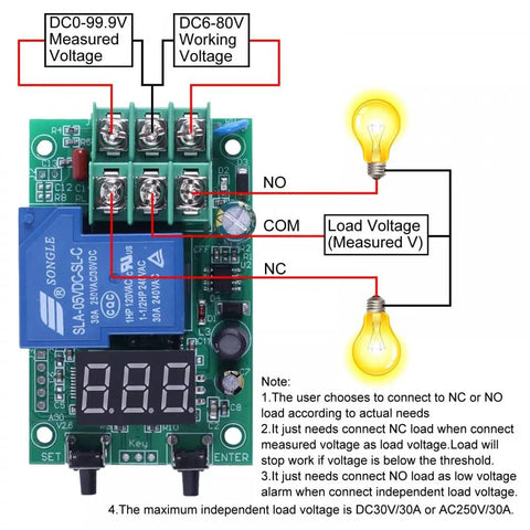 A30-U1 DC 0 To 99.9V Voltage Guard Controller Board with relay, voltage inputs, and LED screen, showing labeled terminals and connections.