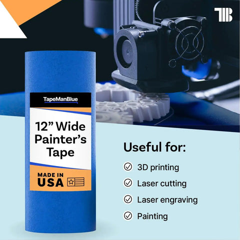 Extra Wide Blue Painters Tape for 3D Printing and Laser Cutting, 12 Inch by 60 Yards, Made in America, close-up view