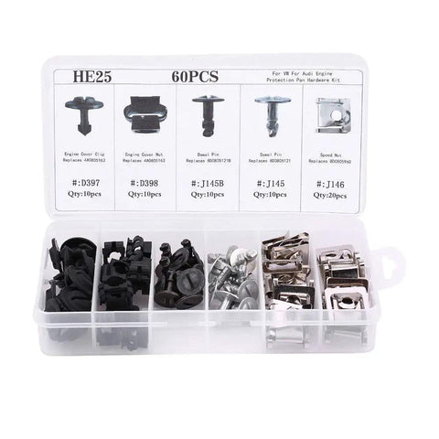 60 Piece Engine Undertray Clips Kit For Audi And VW in storage box, showing metal and plastic screws and bolts for car protection pan.