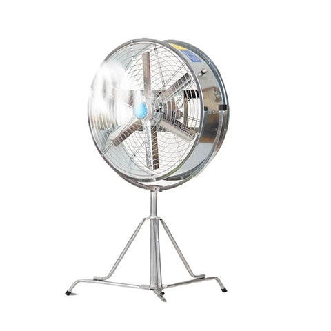 Heavy Duty Industrial Floor Fan With Waterproof Motor And Steel Blades, Dishes Out Serious High Velocity Airflow To Blast Through Warehouse Heat And Keep Outdoor Spaces Cool, metal construction.