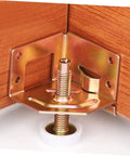 Rock Solid Adjustable Cabinet Levelers With Swivel Floor Cups For Tables And Workbenches Custom Height Design Makes Setup Hella Quick And Keeps Floors Totally Scratch Free In Rose Gold Steel Four Pack close-up of metal bracket with screw and white floor cup