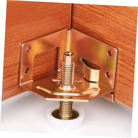 Rock Solid Adjustable Cabinet Levelers With Swivel Floor Cups For Tables And Workbenches Custom Height Design Makes Setup Hella Quick And Keeps Floors Totally Scratch Free In Rose Gold Steel Four Pack close-up of metal bracket with screw and white floor cup